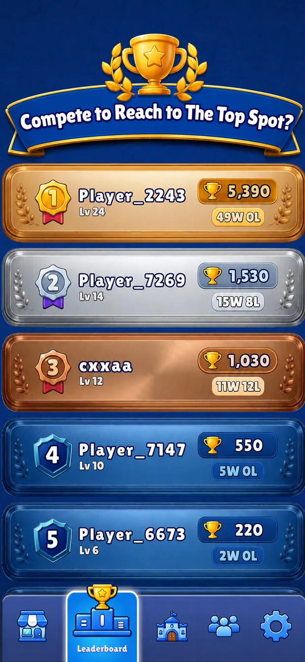 Global leaderboard showing player ranks, points and win records